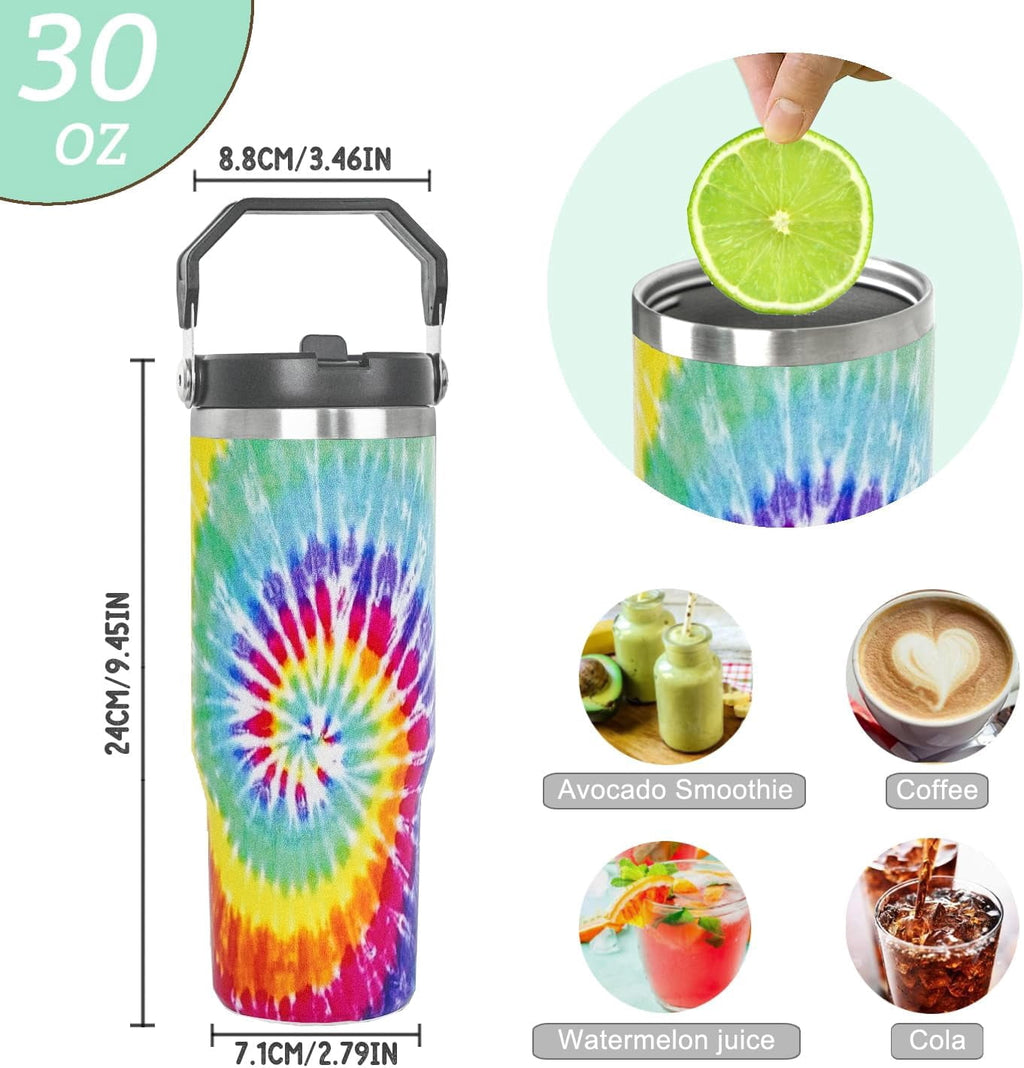 30oz Tie Dye Print Tumbler with Handle Flip Straw Tie Dye Print Coffee Mug with Handle Leak Proof Insulated Tumbler Tie Dye Gifts for Women