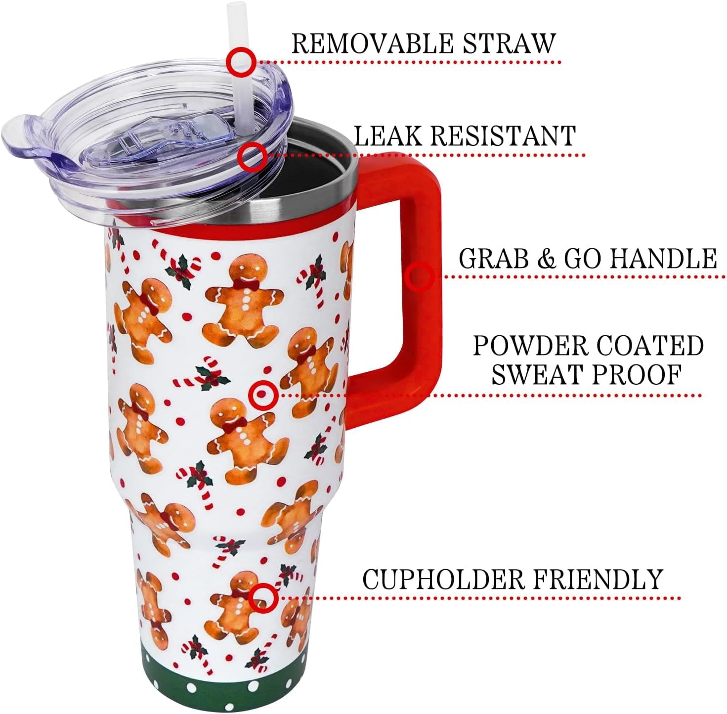 Christmas Tumbler with Handle and Straw Lid 40 oz,Cute Christmas Gifts for Women Gingerbread Candy Cane Vacuum Insulated Leak Proof Tumbler,Winter Holiday Accessories Stainless Steel Coffee Cup Mug