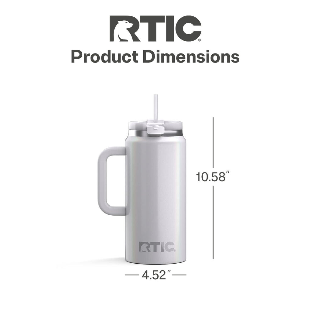 RTIC 64 oz Ceramic Lined Road Trip Tumbler with Handle and Leak-Resistant Straw Lid, White Glitter