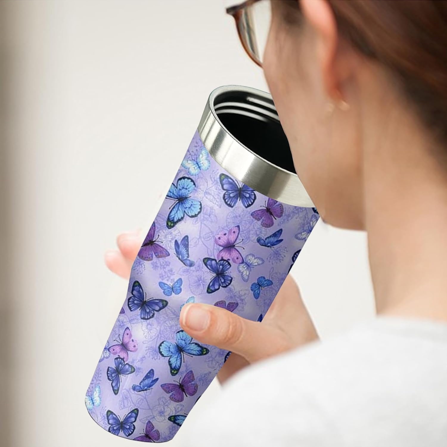 30 oz Purple Butterfly Tumbler with Handle and Filp Straw, Stainless Steel Cup with Lid and Straw, Travel Coffee Mug Insulated Water Bottle,Christmas Birthday Mothers Day Gifts for Women Animal Lovers