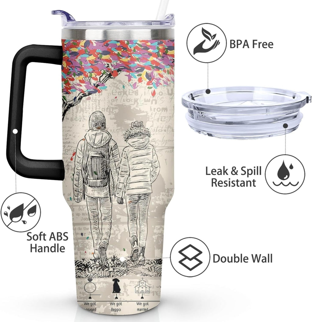 40 Oz Couples Tumbler with Handle and Straw, Anniversary Couple Insulated Couples Mugs, Couples Engagement Gift Cup for Couples, Valentine Couple Coffee Mugs Engagement Gifts for Couples
