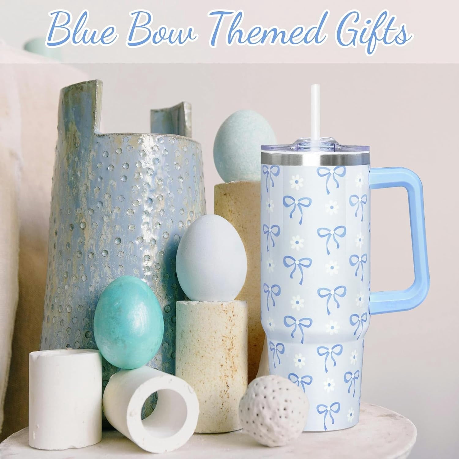30 Oz Blue Bow Tumbler with Handle and Straw, Insulated Stainless Steel Coffee Travel Cup Mug Water Bottle, Blue Bow Themed Gifts for Women Teen Girl