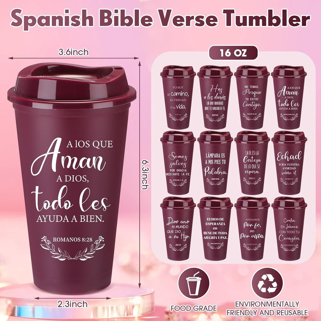 Spanish Bible Verse Tumblers Bulk, 16 oz Reusable Christian Cups with Lids, Plastic Coffee Cups for Church Events, Bible Study, Sunday School, Teacher Appreciation(Wine Red,24)