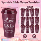 Spanish Bible Verse Tumblers Bulk, 16 oz Reusable Christian Cups with Lids, Plastic Coffee Cups for Church Events, Bible Study, Sunday School, Teacher Appreciation(Wine Red,24)