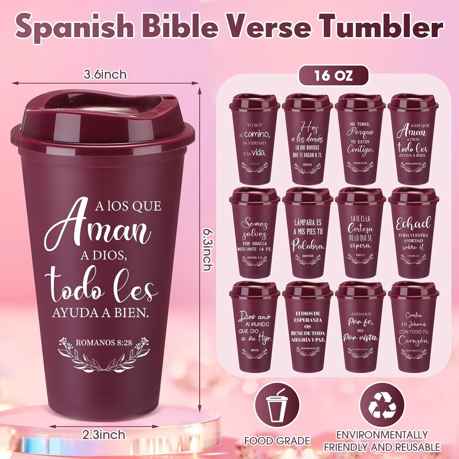 Spanish Bible Verse Tumblers Bulk, 16 oz Reusable Christian Cups with Lids, Plastic Coffee Cups for Church Events, Bible Study, Sunday School, Teacher Appreciation(Wine Red,24)