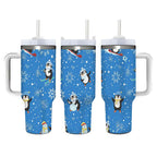 Penguin Winter Travel Tumbler with Lid and Straw, Stainless Steel Insulated Cup with Cute Snow & Ski Design