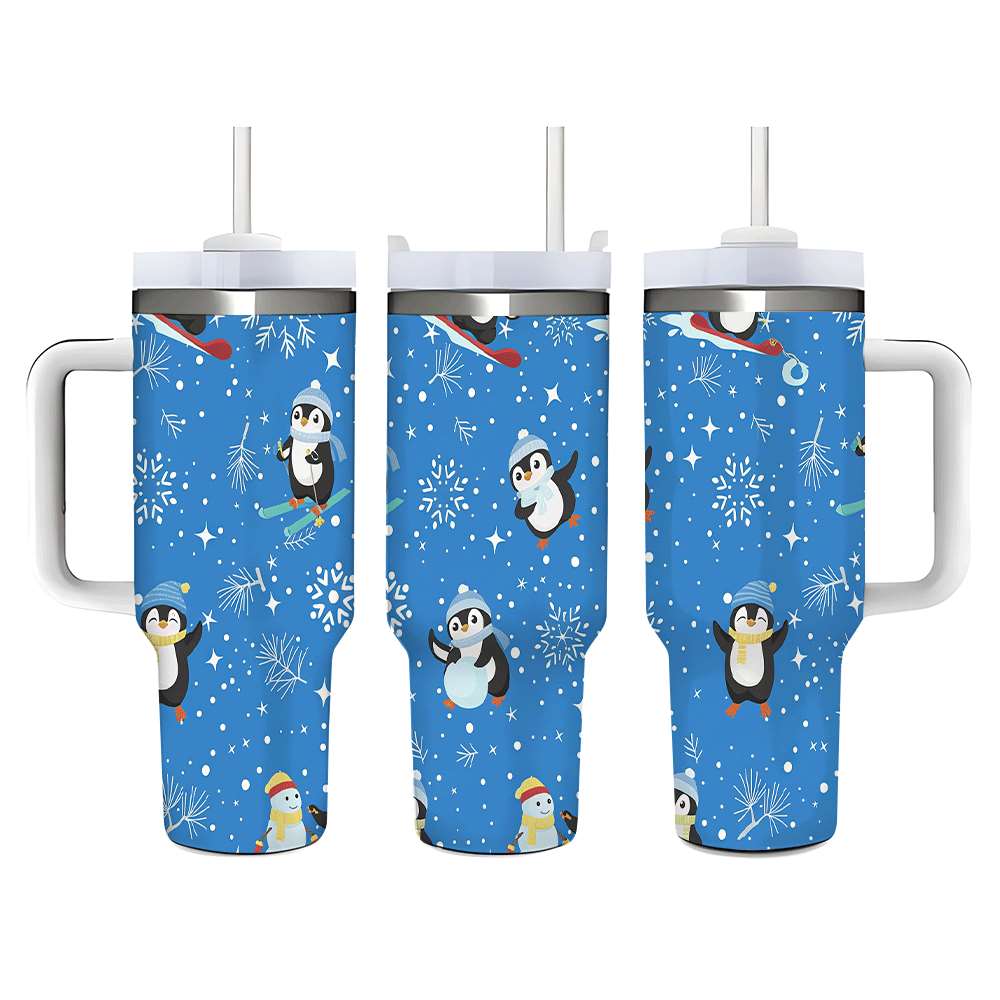 Penguin Winter Travel Tumbler with Lid and Straw, Stainless Steel Insulated Cup with Cute Snow & Ski Design