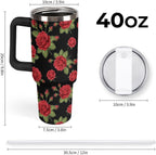 40 oz Insulated Floral Flowers Red Rose Coffee Tumbler with Portable Handle, Stainless Steel Vacuum Travel Mug for Unisex Home, Office Use