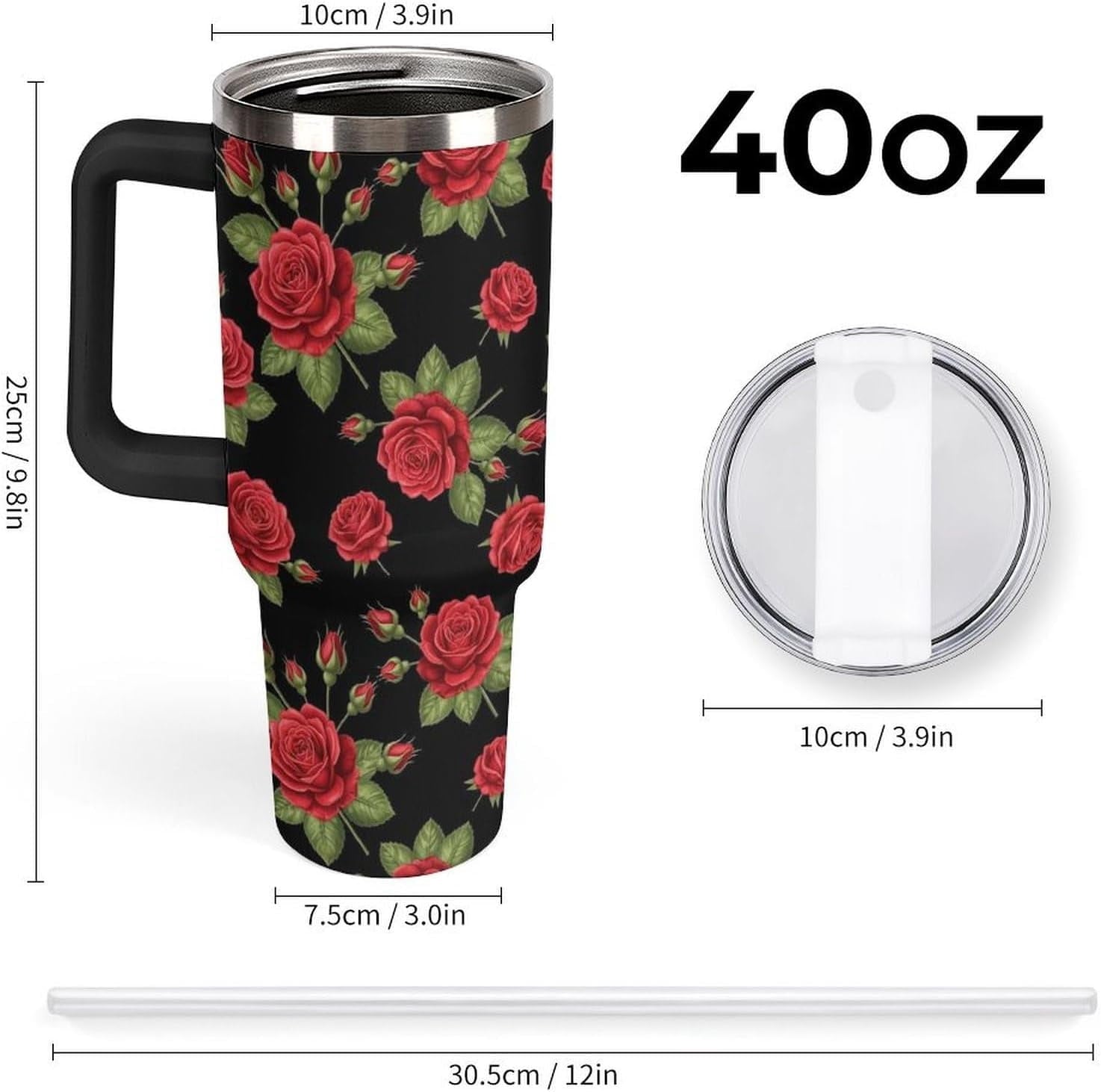 40 oz Insulated Floral Flowers Red Rose Coffee Tumbler with Portable Handle, Stainless Steel Vacuum Travel Mug for Unisex Home, Office Use