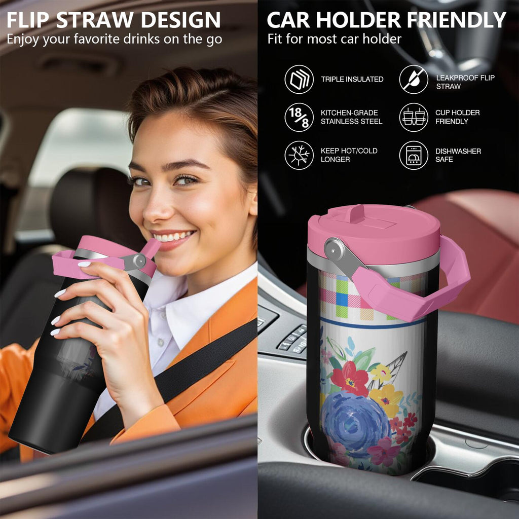 30oz Pioneer Colorful Floral Stainless Steel Flip Straw Tumbler with Lid and Straw Spill Proof Travel Cup Double Wall Vacuum Insulated Coffee Mug with Top Handled Pink