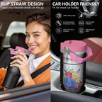 30oz Pioneer Colorful Floral Stainless Steel Flip Straw Tumbler with Lid and Straw Spill Proof Travel Cup Double Wall Vacuum Insulated Coffee Mug with Top Handled Pink