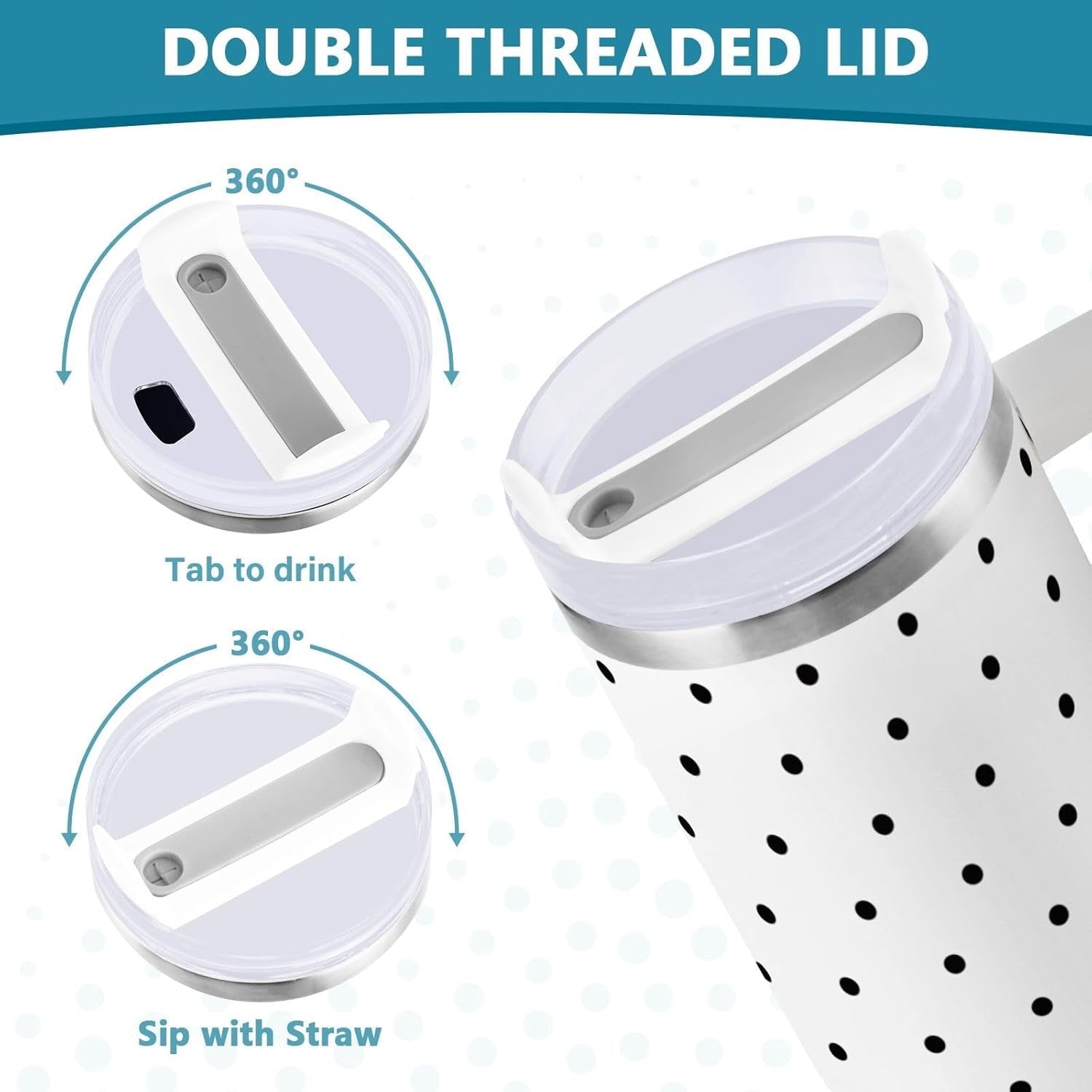 40 oz Tumbler with Handle Lid and Straw Insulated Water Tumbler Stainless Steel Water Cup Mug Bottle Reusable Cup Holder Friendly Polka Dot White