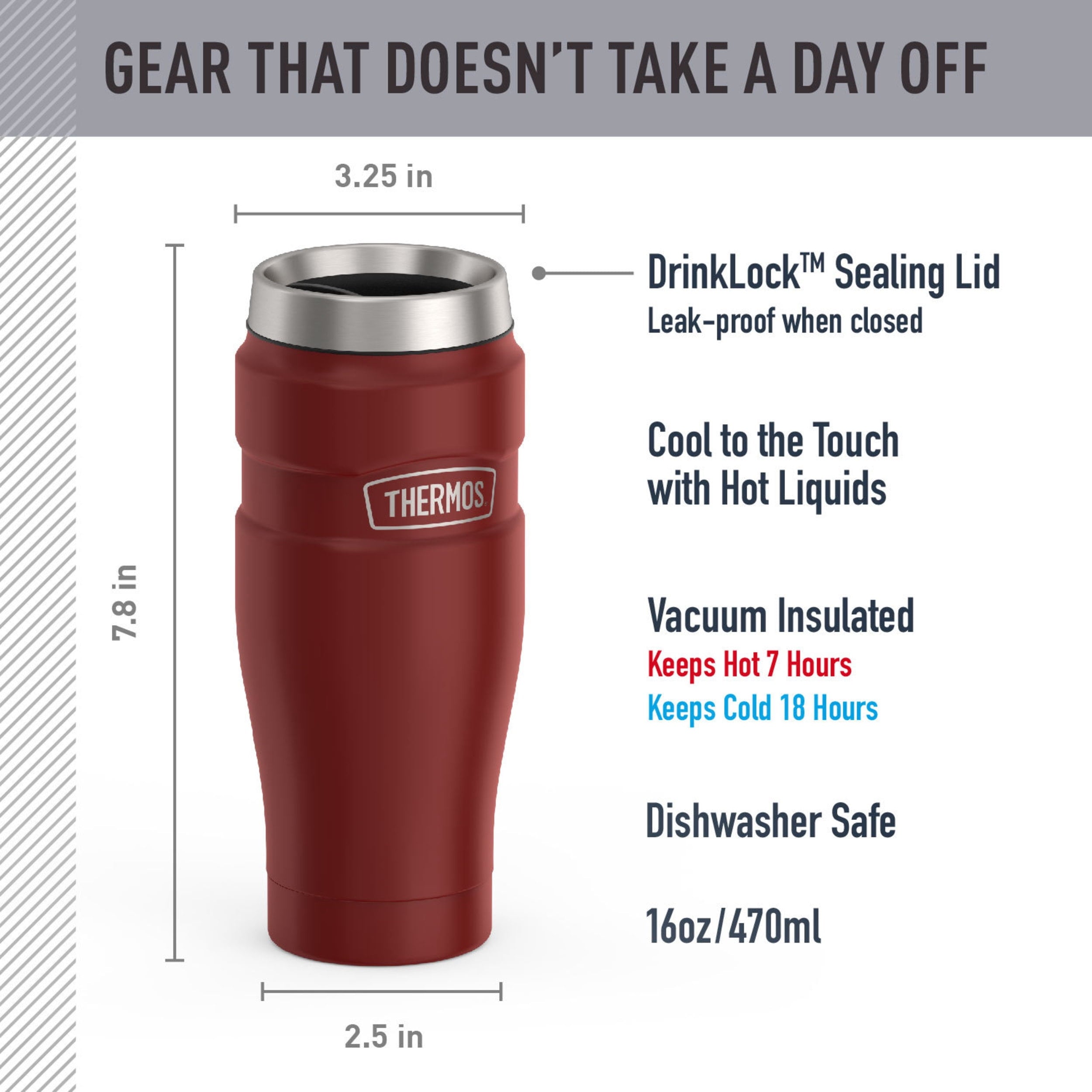 Thermos Stainless King Vacuum Insulated Stainless Steel Tumbler, 16oz, Matte Rustic Red