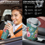 30oz Pioneer Colorful Floral Stainless Steel Flip Straw Tumbler with Lid and Straw Spill Proof Travel Cup Double Wall Vacuum Insulated Coffee Mug with Top Handled White