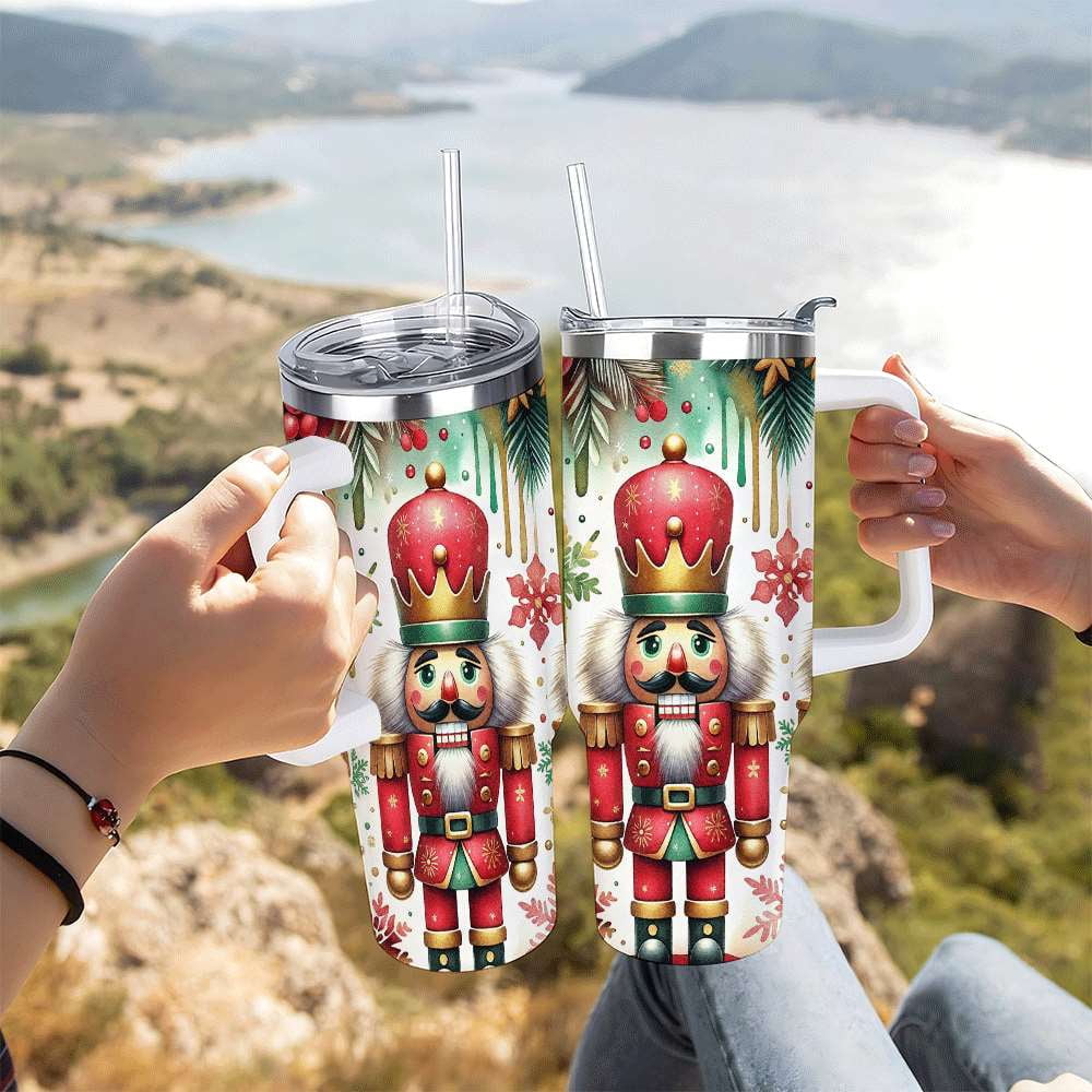 Nutcracker Christmas Insulated Tumbler with Lid and Straw, Holiday King Soldier Design Stainless Steel Travel Cup