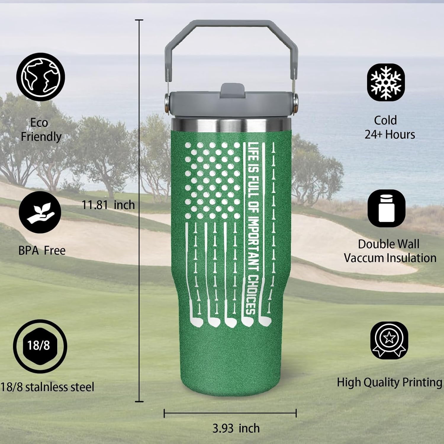 Golf Gifts For Men Women Golfers 30Oz Green Golf Tumbler With Handle 30 OZ Golf Travel Coffee Mug Water Bottle Stainless Steel Vacuum Insulated, Golf Stuff Gifts For Golfer