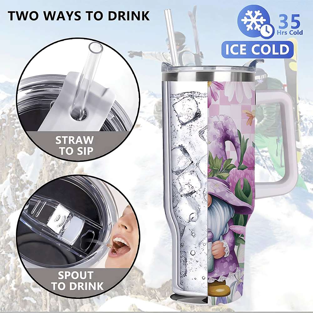 Purple Floral Gnome Stainless Steel Tumbler with Handle and Straw, Insulated Travel Mug for Women, Cute Spring Flower Cup Gift