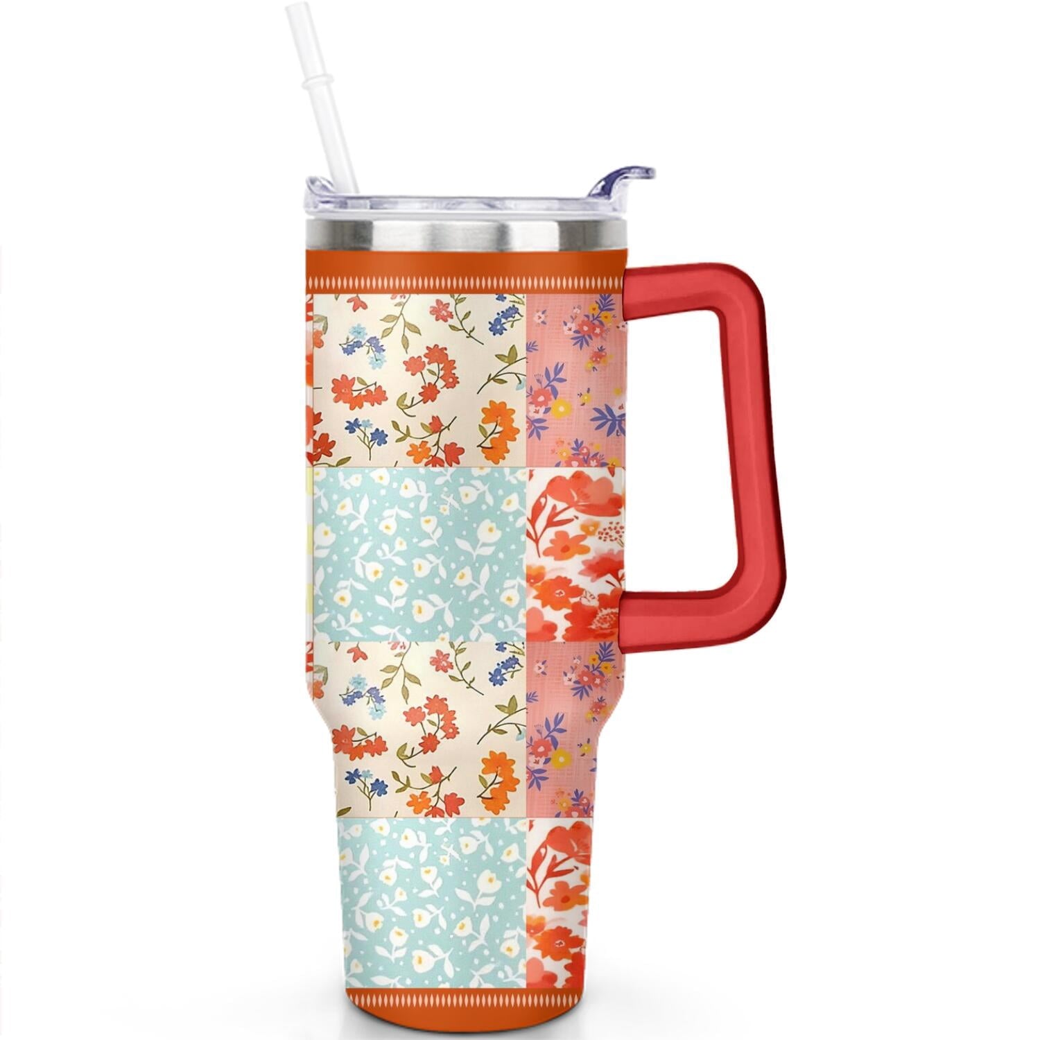40oz Pioneer Colorful Floral Stainless Steel Flip Straw Tumbler with Lid and Straw Spill Proof Travel Cup Double Wall Vacuum Insulated Coffee Mug with Handle Red