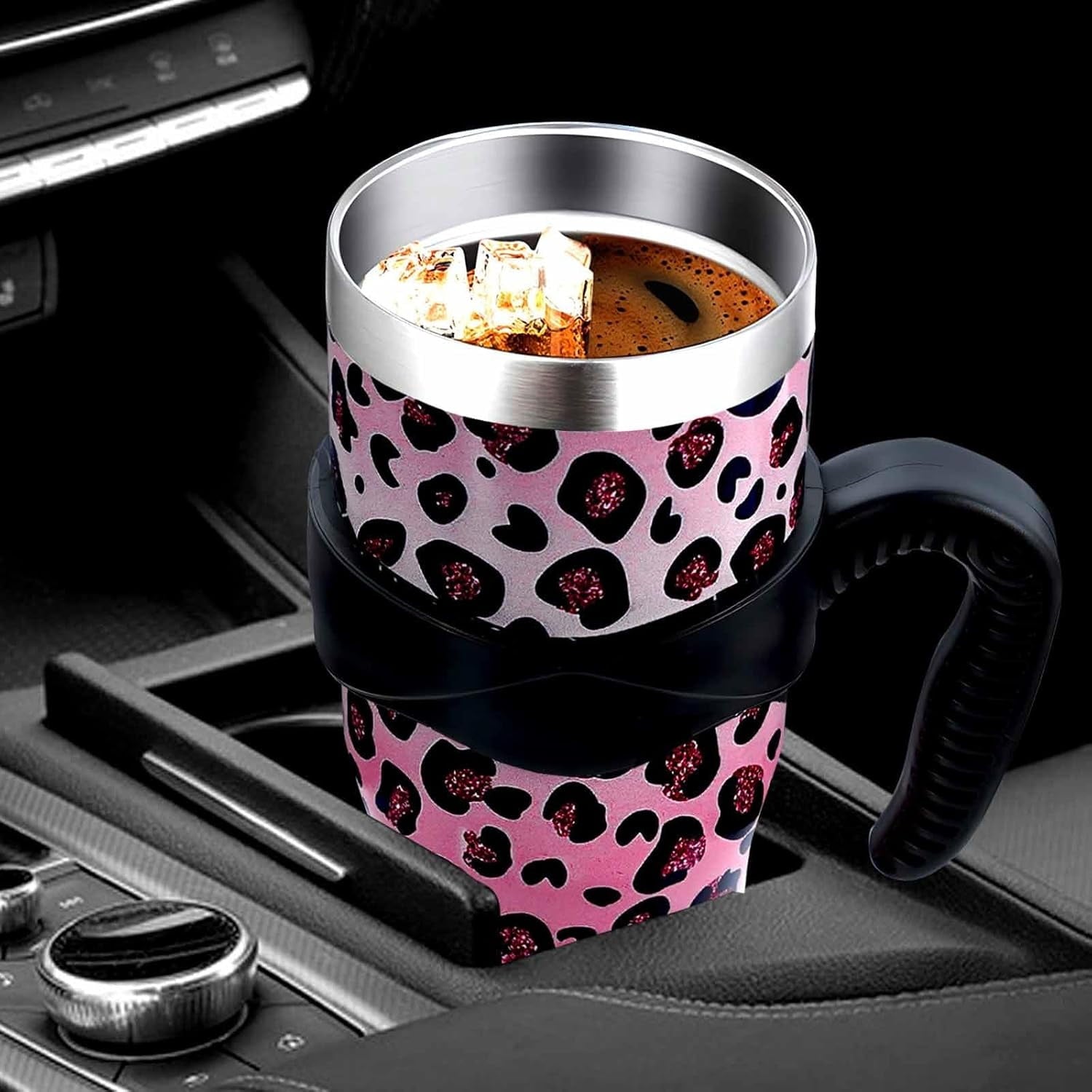 Sunmdecor Pink Leopard Print Tumbler with Handle and Silicone Straws - 40 Oz Cheetah Insulated Tumbler - Leopard Cup Gift for Women