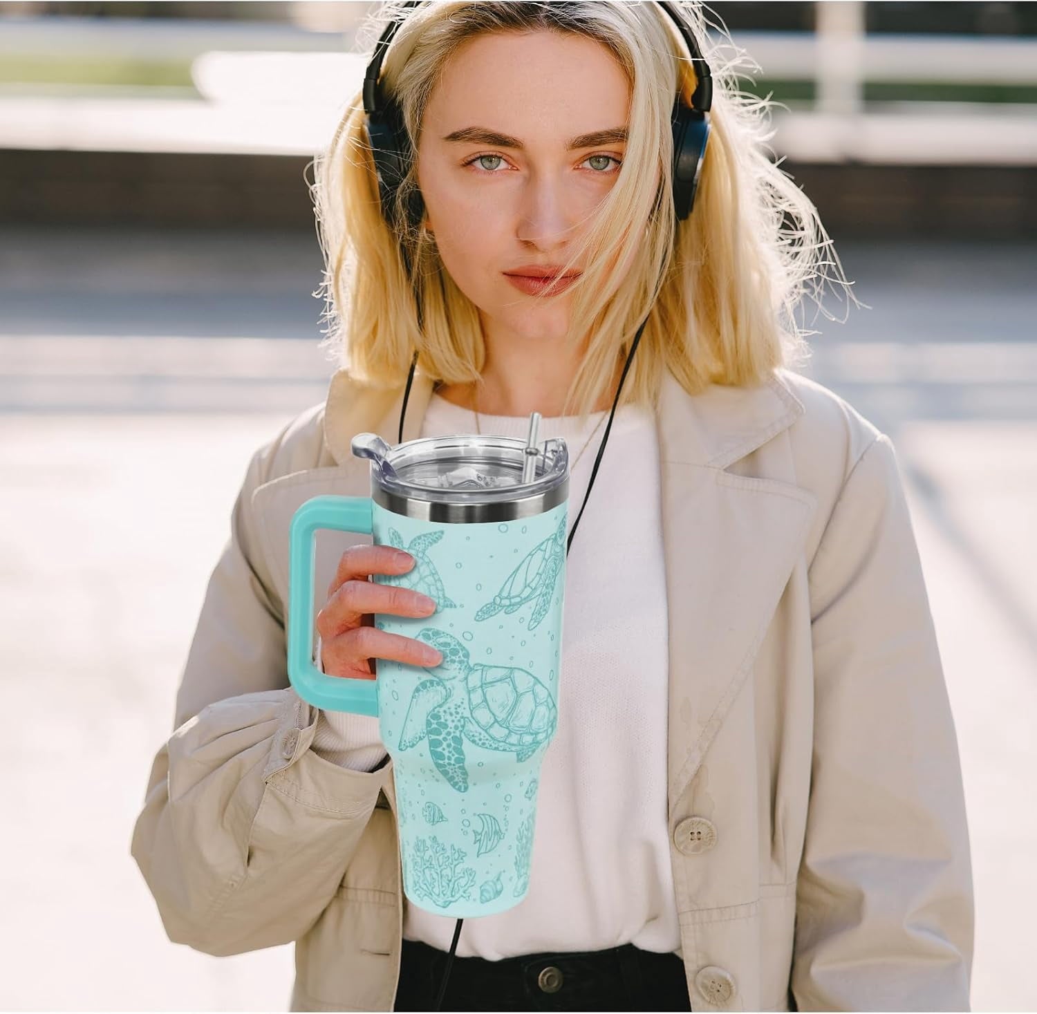 Sea Turtle Tumbler with Handle and Straw 40 oz Turtle Cup Hawaiian Ocean Turtles Coffee Travel Mug Stainless Steel Insulated Water Bottle Sea Turtles Stuff Decor Gifts for Women