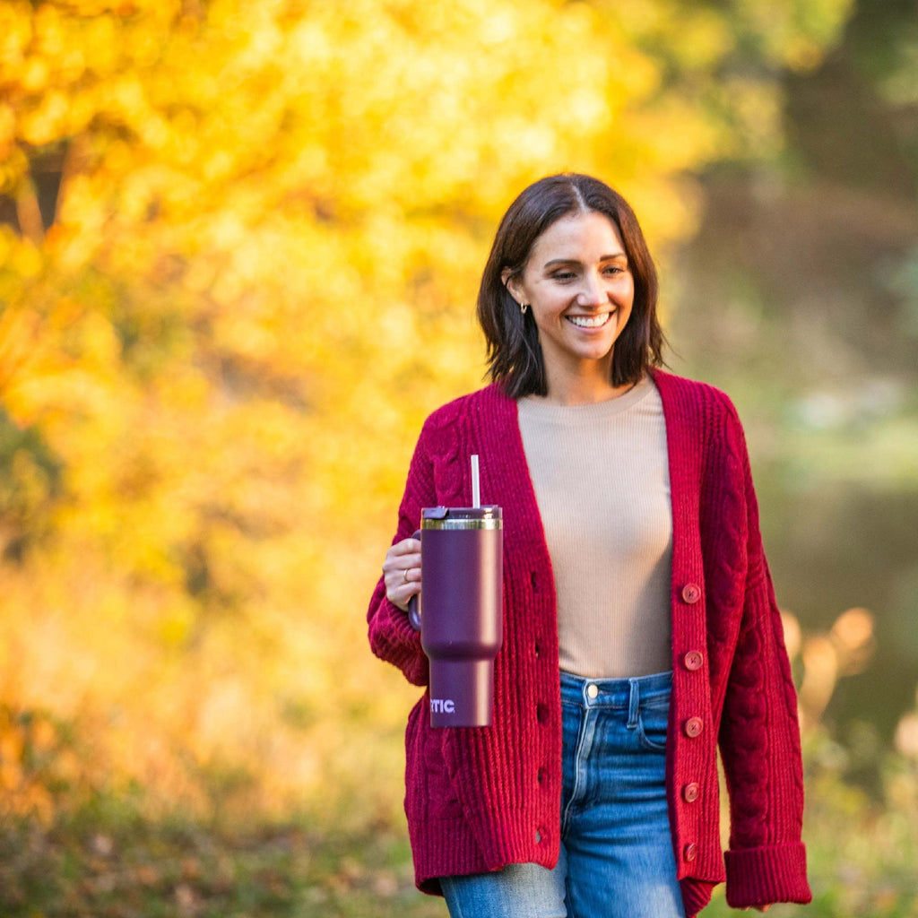 RTIC 30 oz Ceramic Lined Road Trip Tumbler with Handle and Leak-Resistant Straw Lid, Plum