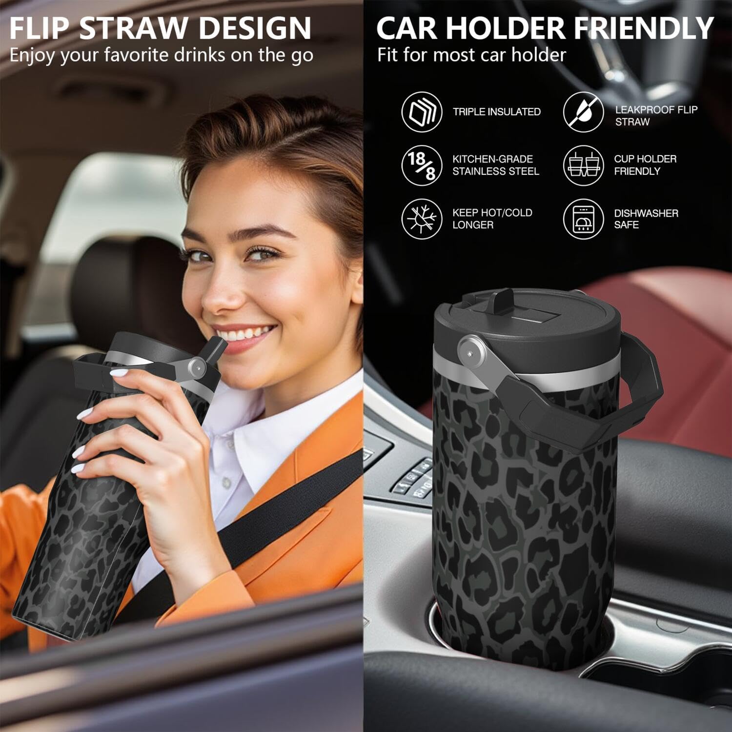 30oz Insulated Leopard Tumbler with Handle,Featuring a Leak-proof 2-in-1 Lid and Straw,a Vacuum-insulated Travel Coffee Mug,Portable Stainless Steel Water Bottle,Suitable for Both Women and Men