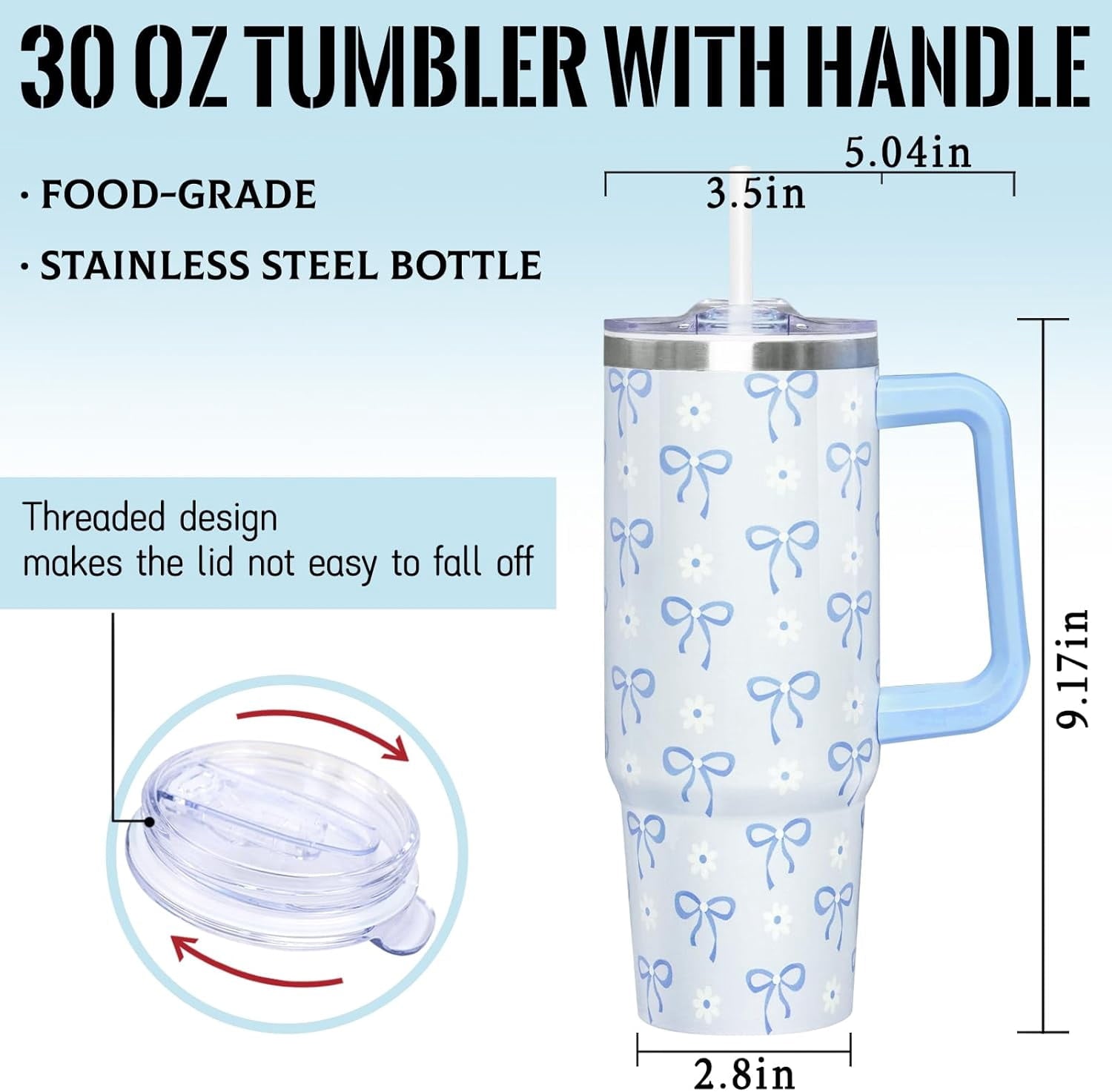 30 Oz Blue Bow Tumbler with Handle and Straw, Insulated Stainless Steel Coffee Travel Cup Mug Water Bottle, Blue Bow Themed Gifts for Women Teen Girl