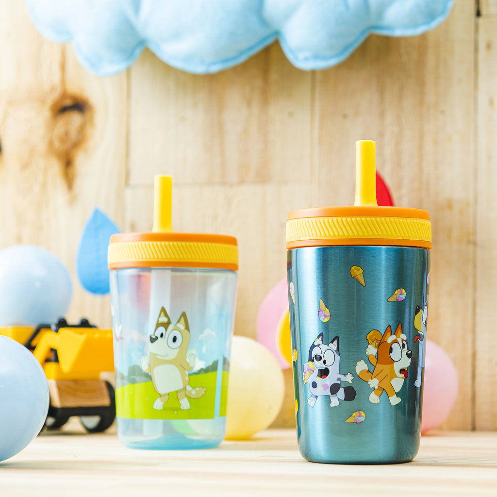 Zak Designs 12oz and 15oz 2-Pack Straw Tumbler Stainless Steel and Plastic with Additional Straw Leakproof and Perfect for Kids, Bluey