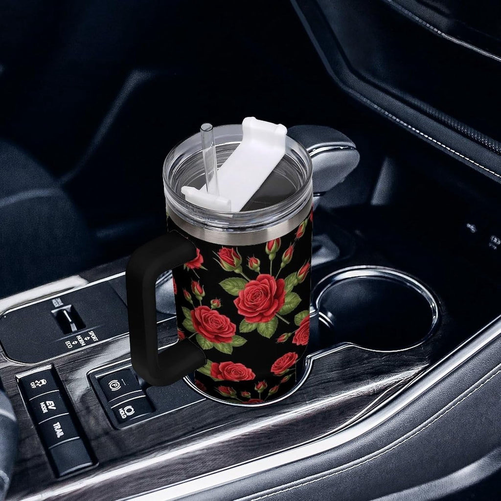 40 oz Insulated Floral Flowers Red Rose Coffee Tumbler with Portable Handle, Stainless Steel Vacuum Travel Mug for Unisex Home, Office Use