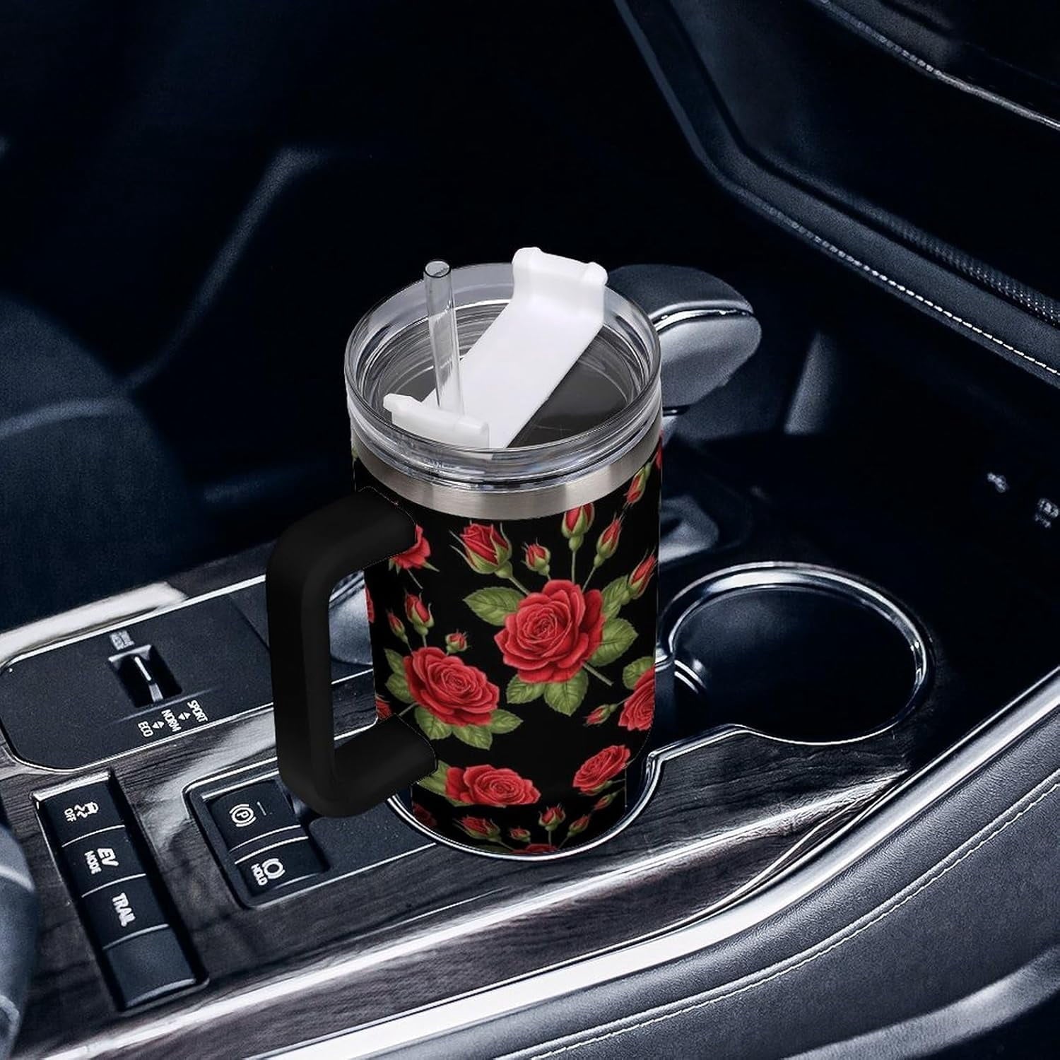 40 oz Insulated Floral Flowers Red Rose Coffee Tumbler with Portable Handle, Stainless Steel Vacuum Travel Mug for Unisex Home, Office Use