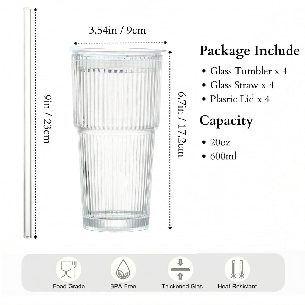 20 oz Clear Ribbed Glass Tumbler with Lid and Straw, Spill-proof Iced Coffee Cups, Hobnail Drinking Set of 4, Vintage Glassware