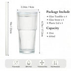 20 oz Clear Ribbed Glass Tumbler with Lid and Straw, Spill-proof Iced Coffee Cups, Hobnail Drinking Set of 4, Vintage Glassware