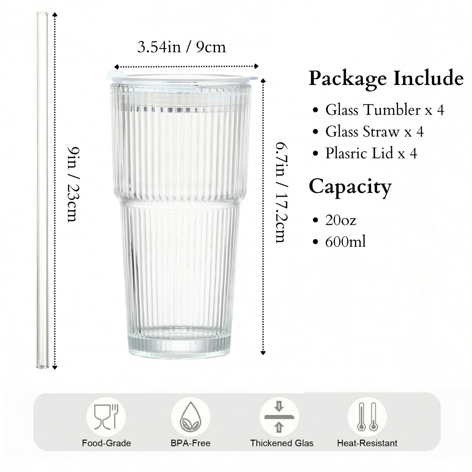 20 oz Clear Ribbed Glass Tumbler with Lid and Straw, Spill-proof Iced Coffee Cups, Hobnail Drinking Set of 4, Vintage Glassware