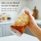 20 oz Clear Ribbed Glass Tumbler with Lid and Straw, Spill-proof Iced Coffee Cups, Hobnail Drinking Set of 4, Vintage Glassware