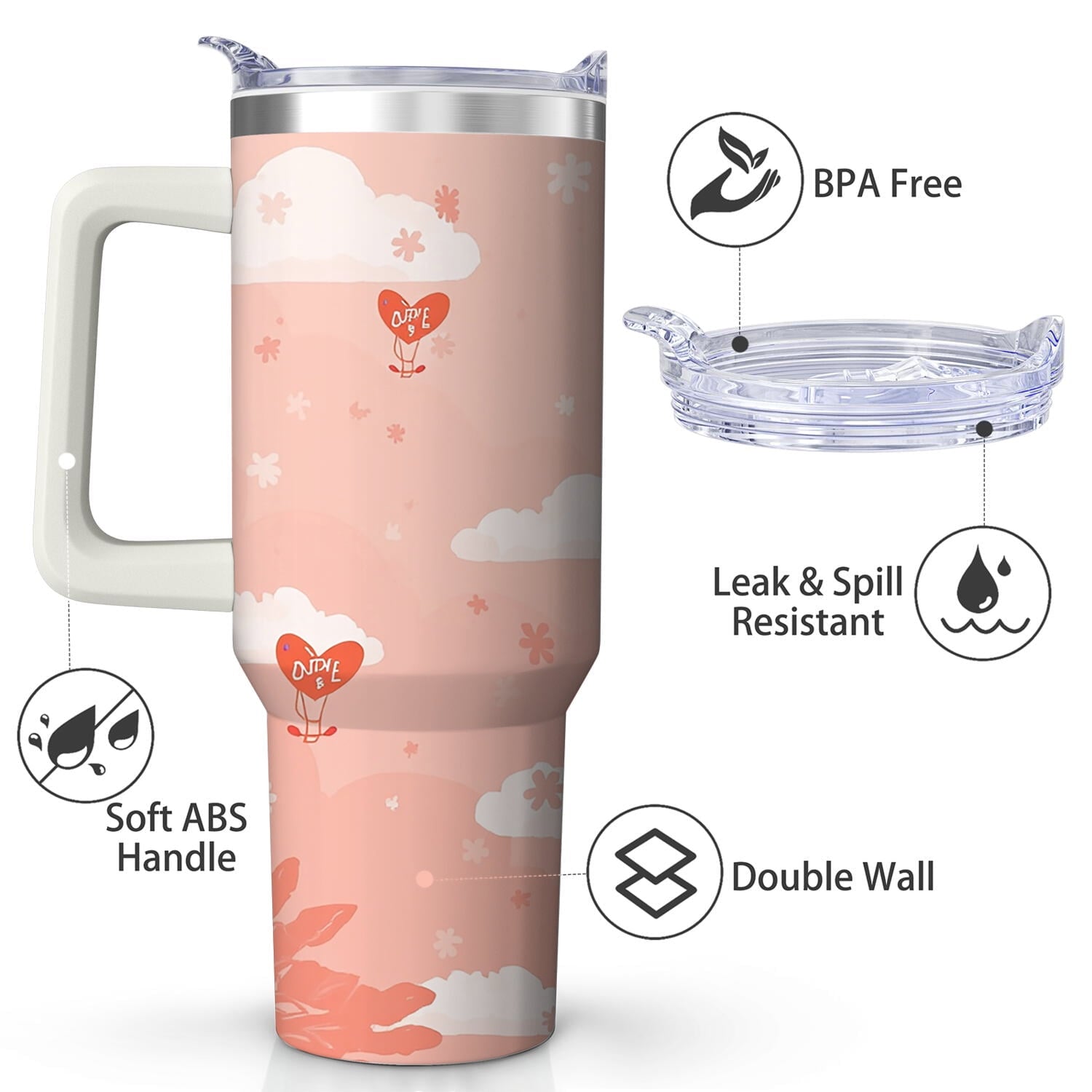 Cute Cloud and Heart Design Stainless Steel Tumbler, 30oz