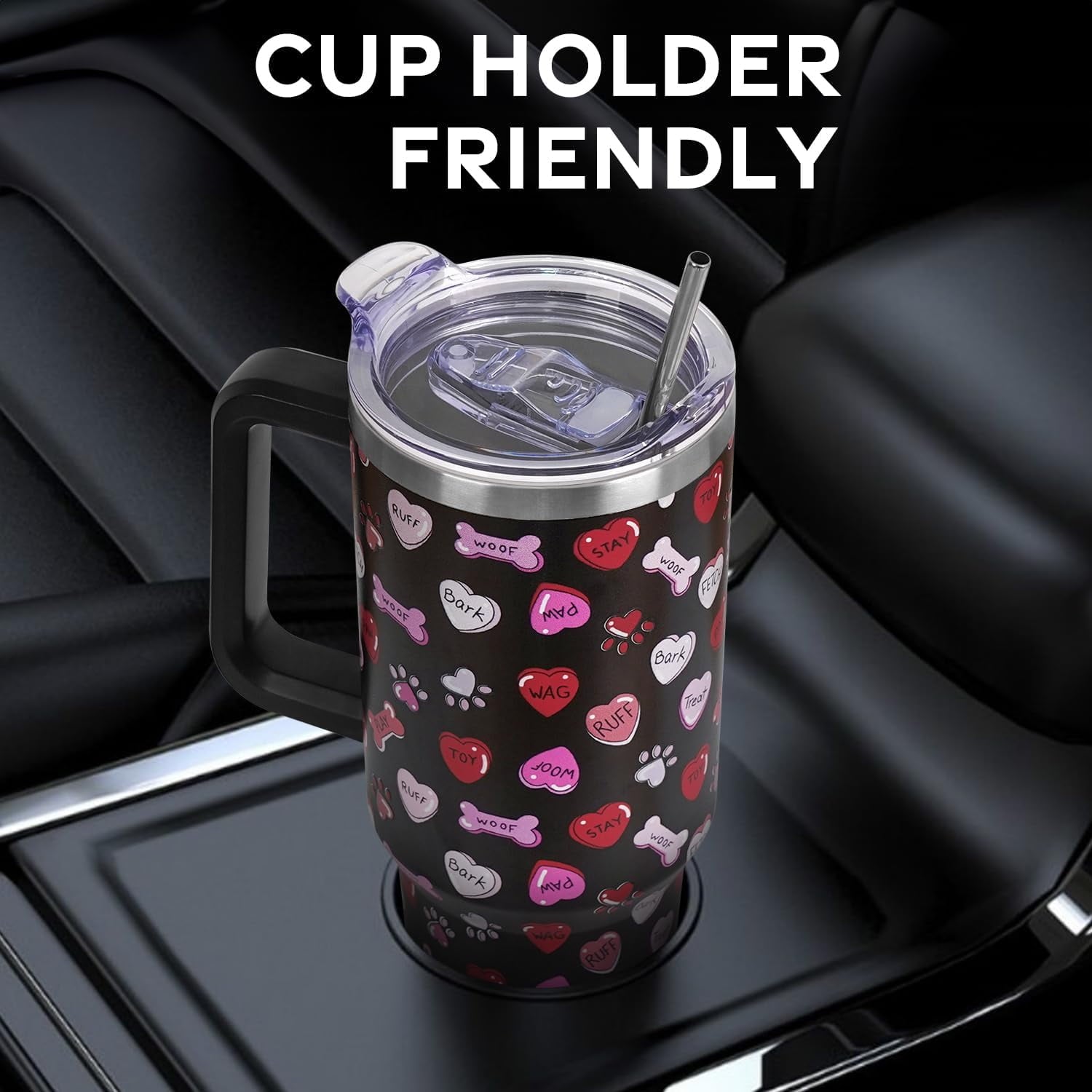 Valentines Day Gifts 40 oz Tumbler with Handle and Straw Lid,Valentine''s Day Gift for Her Women Girlfriend Wife Dog Bones and Candy Hearts Vacuum Insulated Leak Proof Stainless Steel Coffee Cup Mug
