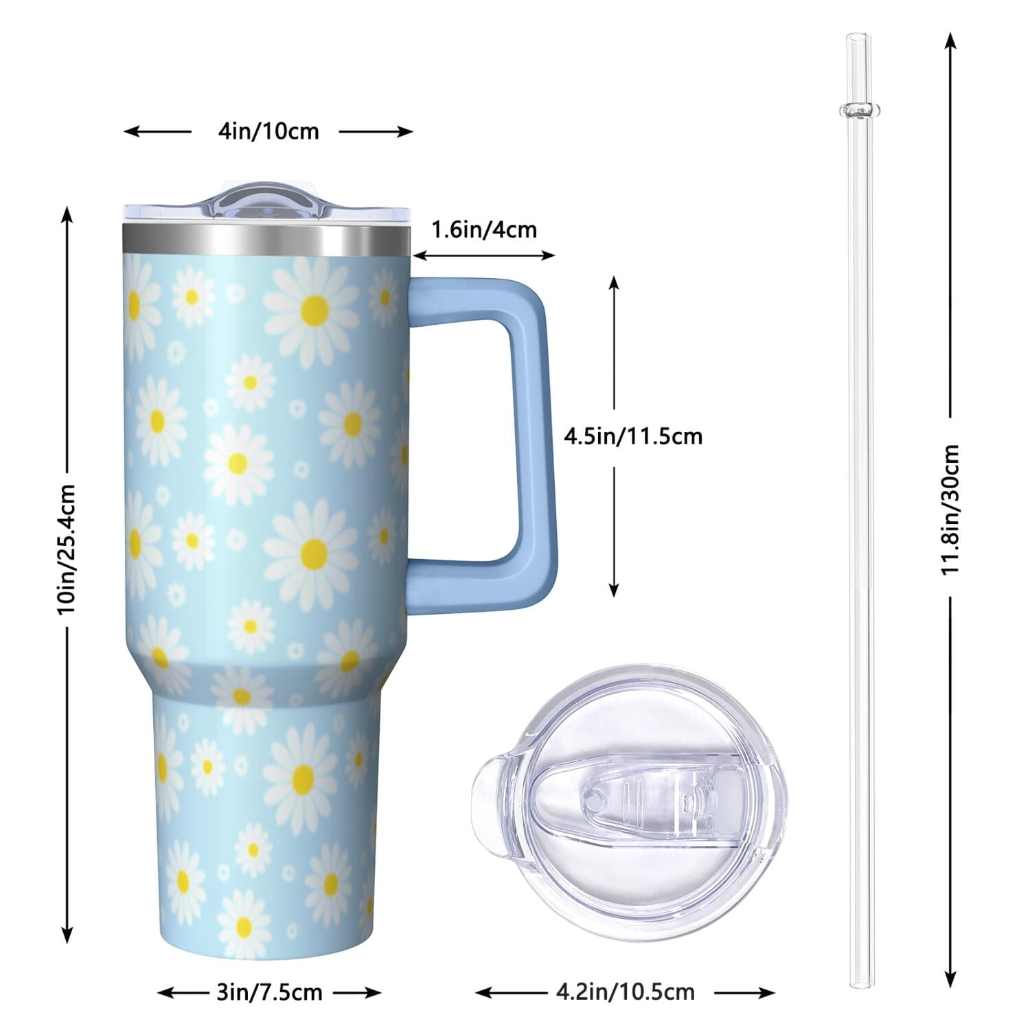 1pc daisy 40oz Tumbler with Straw & Handle - Insulated Stainless Steel Cup | Holiday Gift for Man Women (Christmas, Valentine's, Birthday)