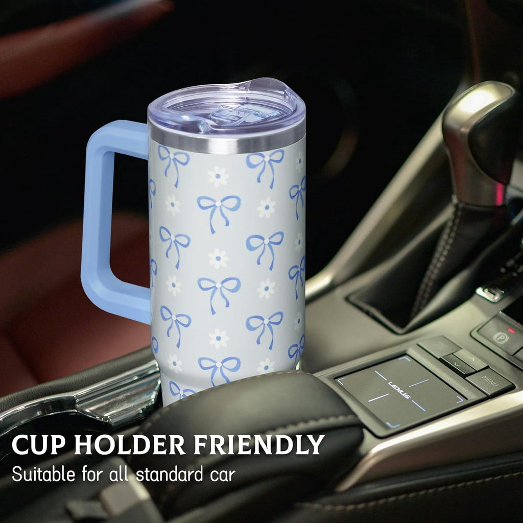 30 Oz Blue Bow Tumbler with Handle and Straw, Insulated Stainless Steel Coffee Travel Cup Mug Water Bottle, Blue Bow Themed Gifts for Women Teen Girl