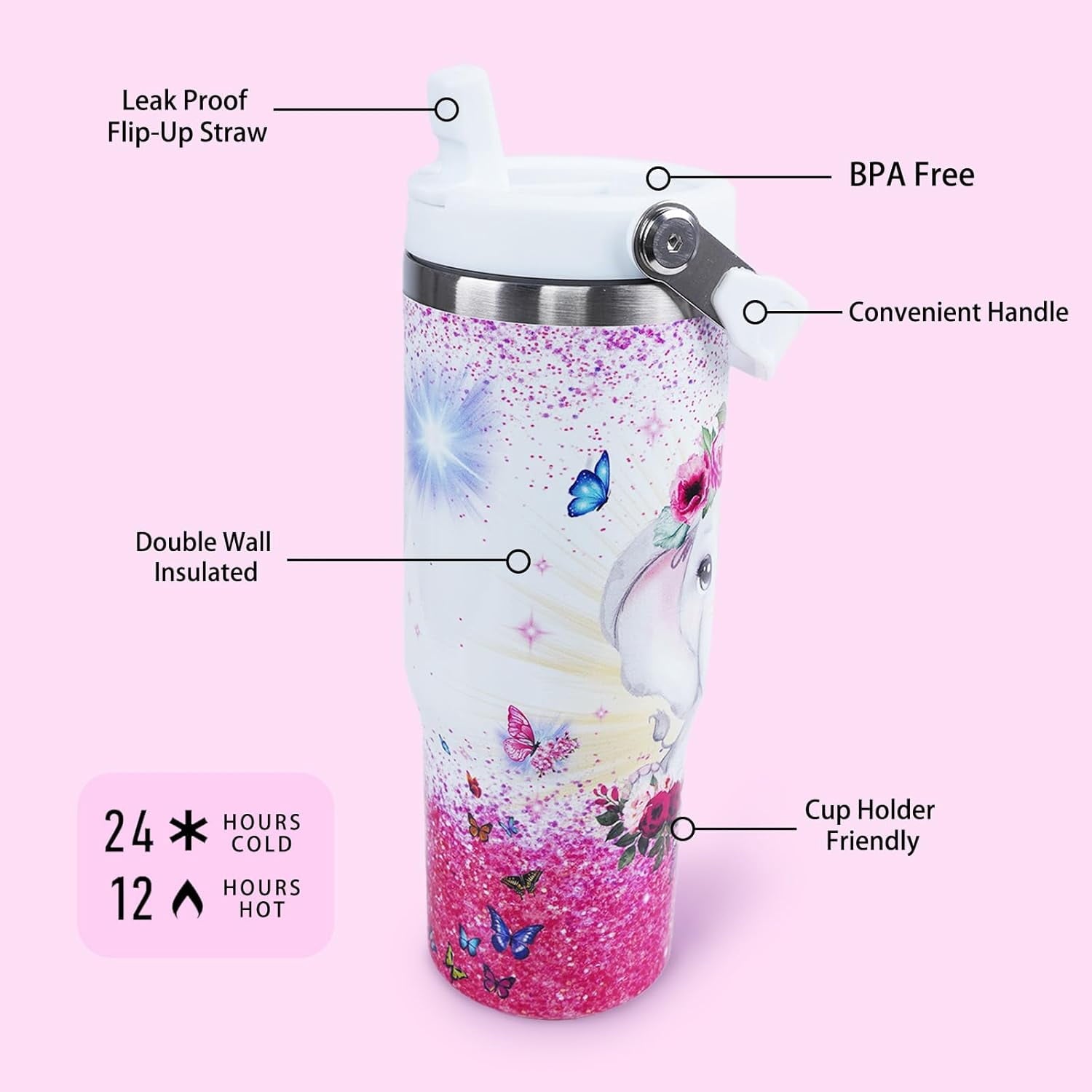 Elephant Mug 30 oz Tumbler with Handle Flip Straw Leak Proof - Elephant Gifts for Women 30oz Tumbler 30 Ounce Travel Coffee Mug - Birthday Gifts for Women Friend Daughter Lover