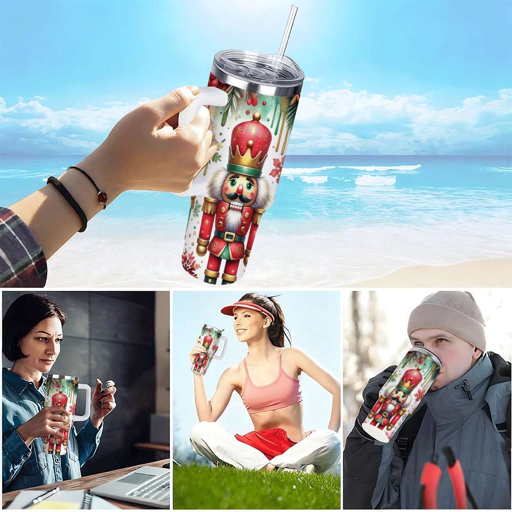 Nutcracker Christmas Insulated Tumbler with Lid and Straw, Holiday King Soldier Design Stainless Steel Travel Cup