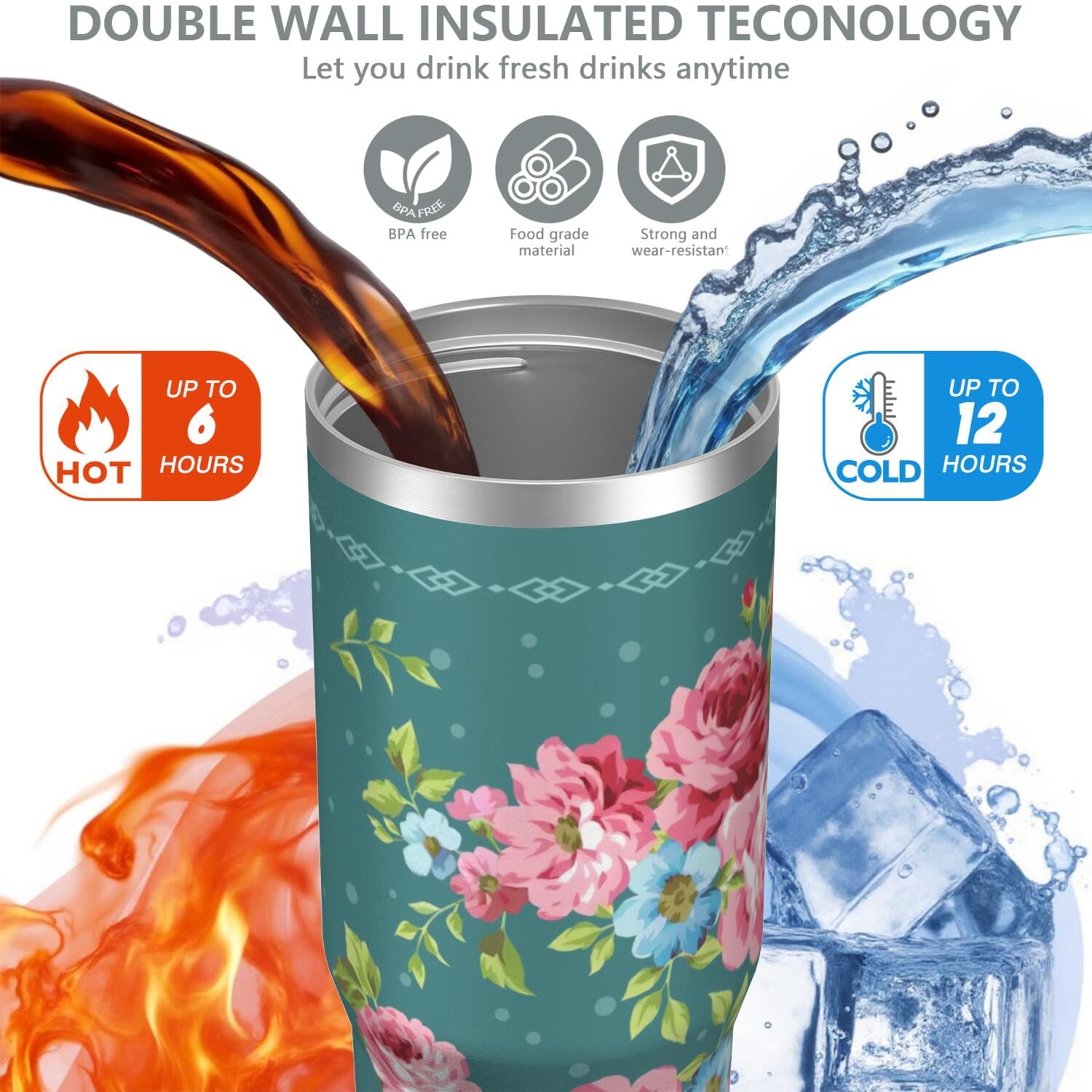 30oz Pioneer Colorful Floral Stainless Steel Flip Straw Tumbler with Lid and Straw Spill Proof Travel Cup Double Wall Vacuum Insulated Coffee Mug with Top Handled White