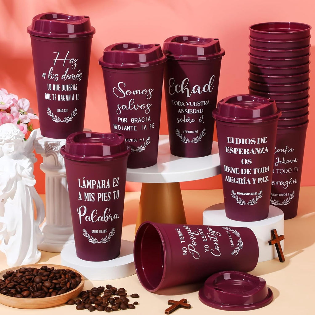 Spanish Bible Verse Tumblers Bulk, 16 oz Reusable Christian Cups with Lids, Plastic Coffee Cups for Church Events, Bible Study, Sunday School, Teacher Appreciation(Wine Red,24)
