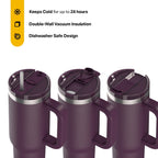 RTIC 30 oz Ceramic Lined Road Trip Tumbler with Handle and Leak-Resistant Straw Lid, Plum