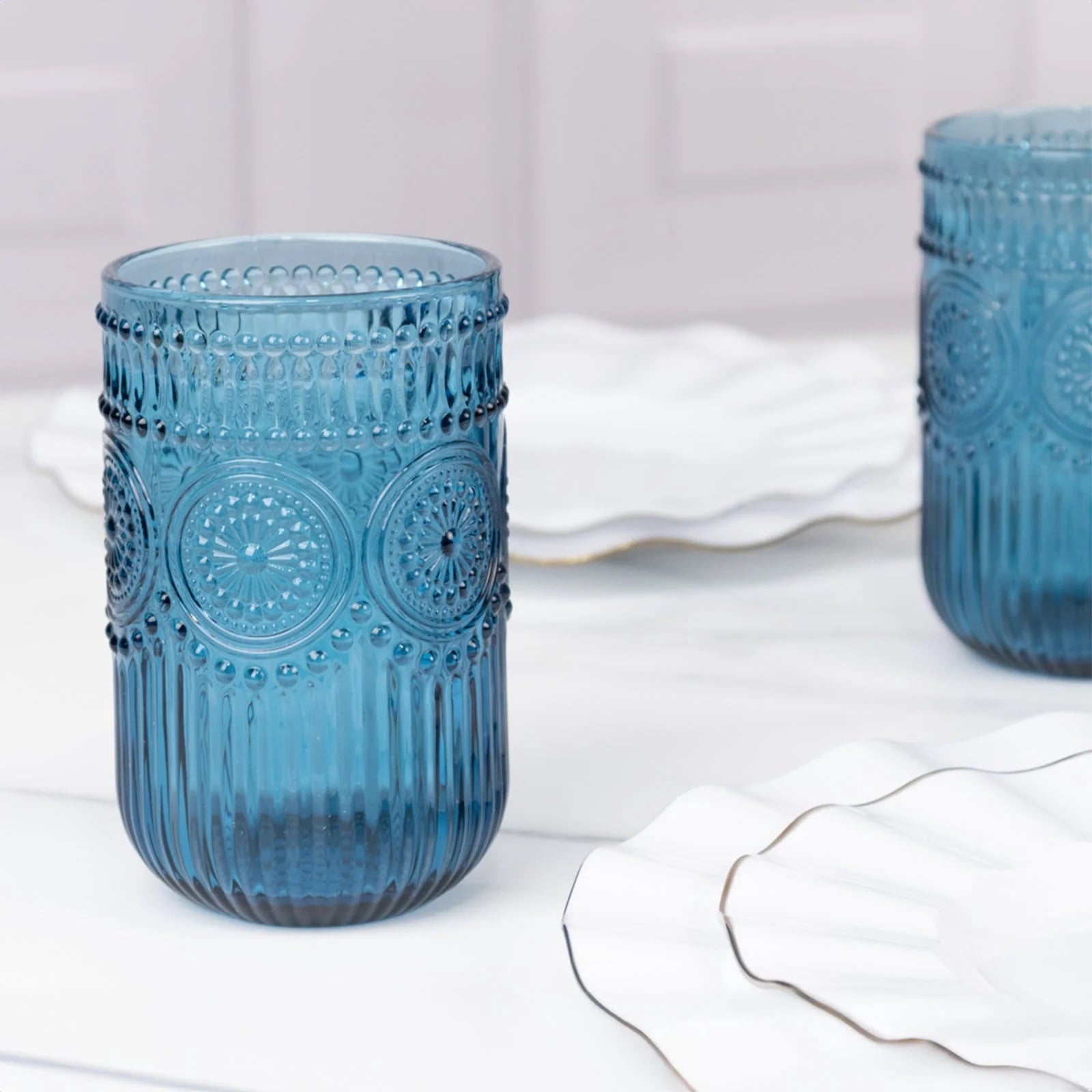 BalsaCircle 6 Ocean Blue 14 oz Round Glass Tumblers with Vintage Floral Embossed Pattern Party Tableware Wedding Events Decorations Supplies
