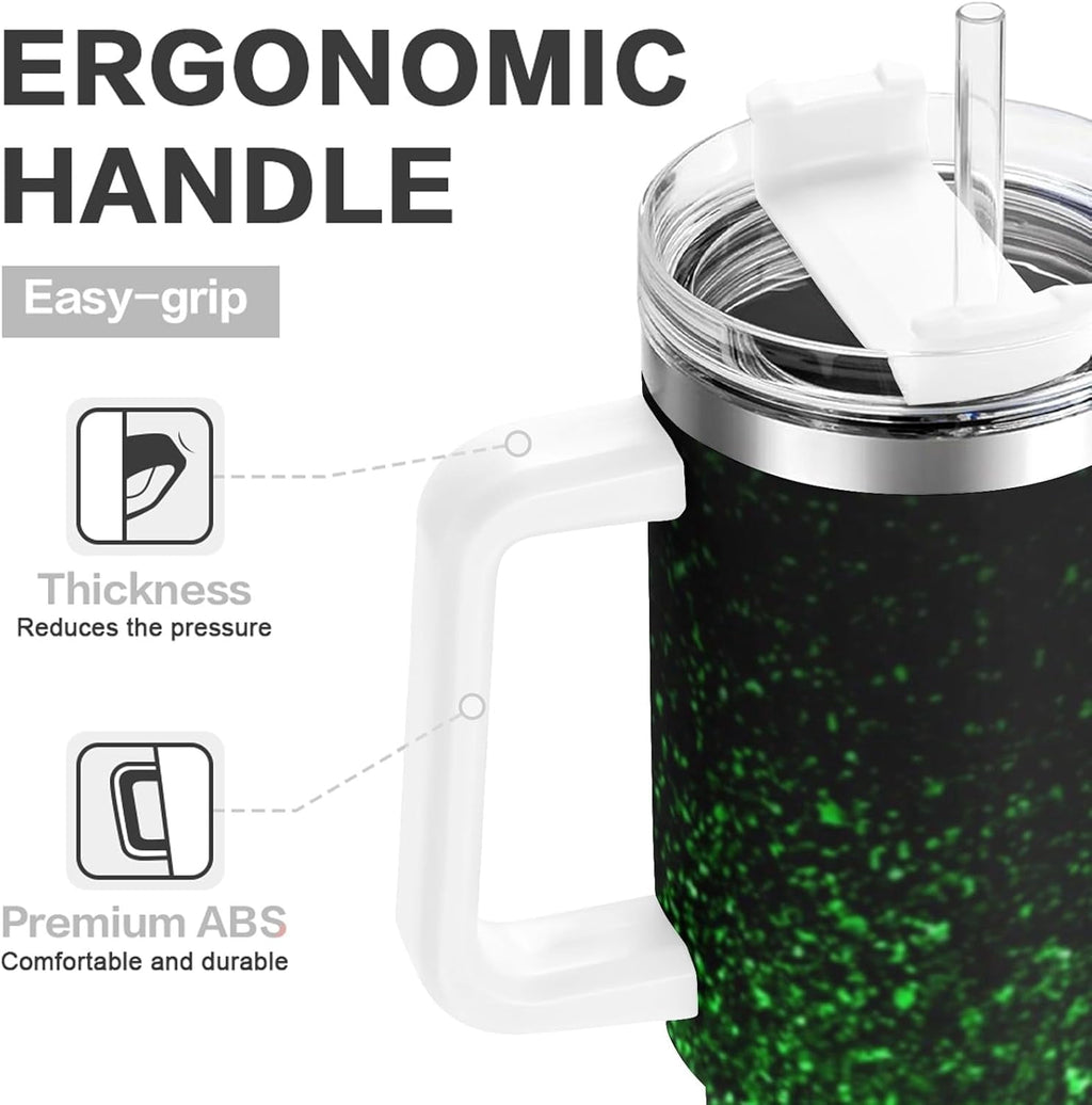 Ombre Leopard Glitter 40 oz Insulated Double Wall Stainless Steel Tumbler with Handle and Straw, Lid, Large Travel Mug Fits in Cup Holder, Cup Gift for Women(Green)