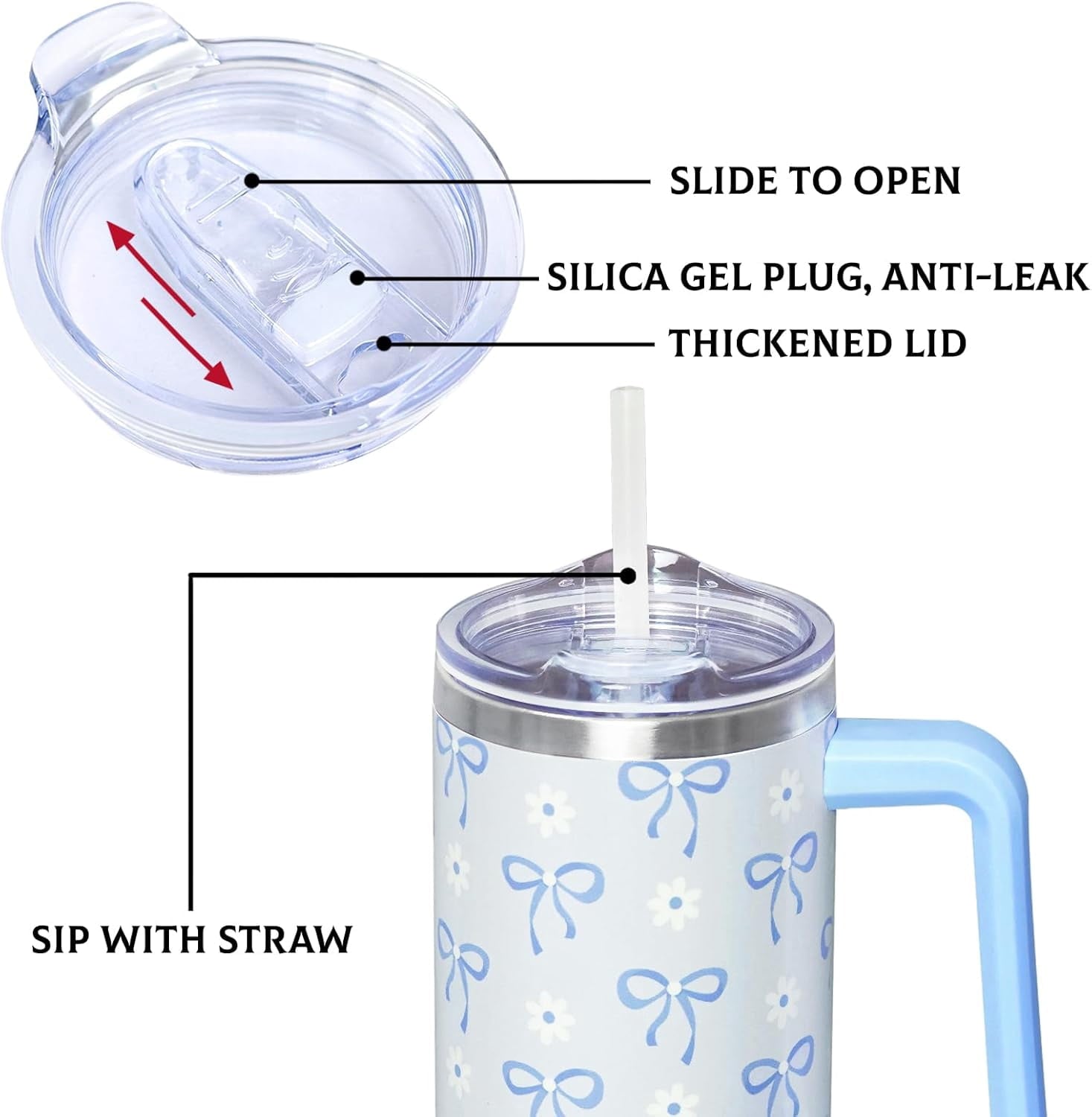 30 Oz Blue Bow Tumbler with Handle and Straw, Insulated Stainless Steel Coffee Travel Cup Mug Water Bottle, Blue Bow Themed Gifts for Women Teen Girl