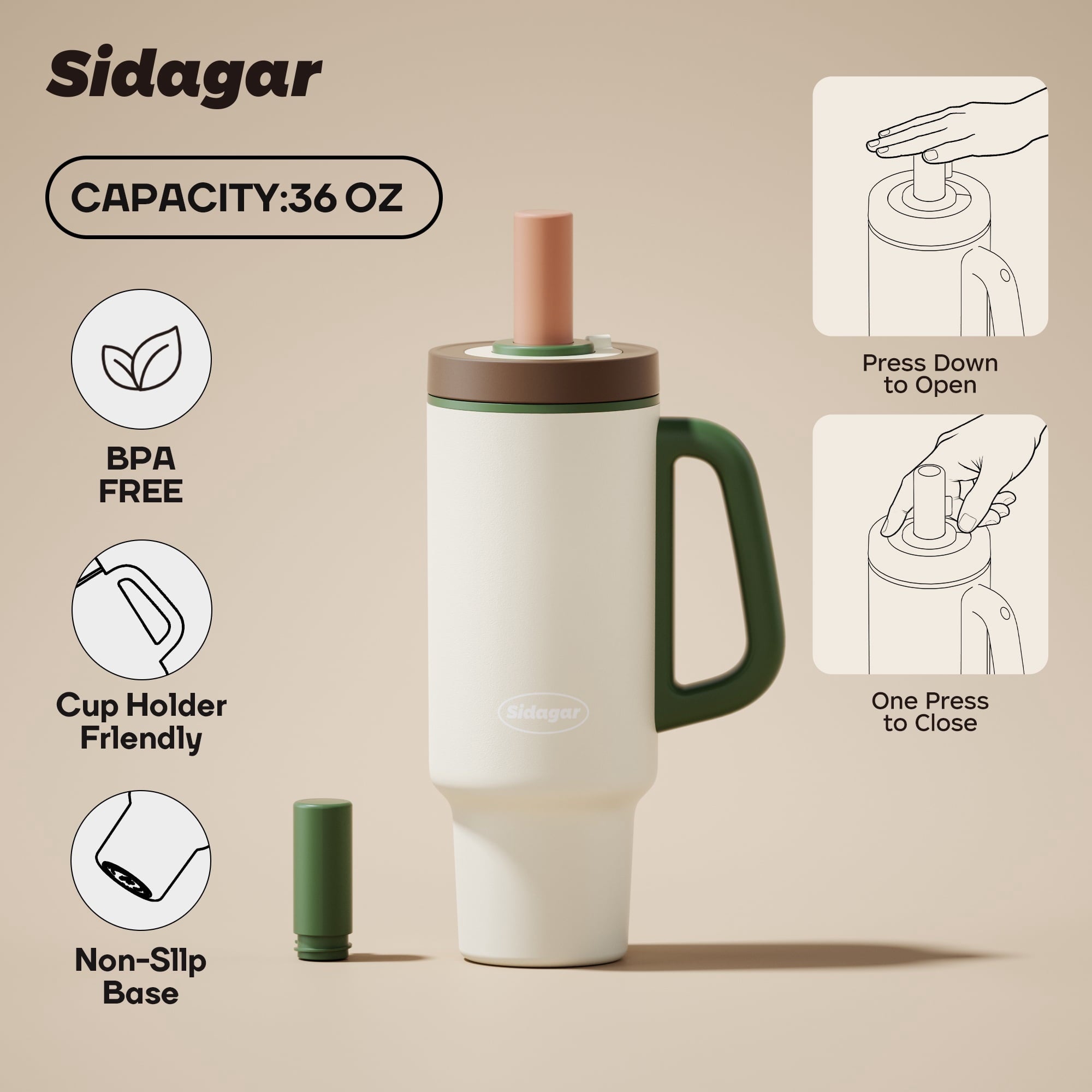 Sidagar 36 oz Stainless Steel Vacuum Insulated Ceramic Lined Tumbler, Cream Sprout White